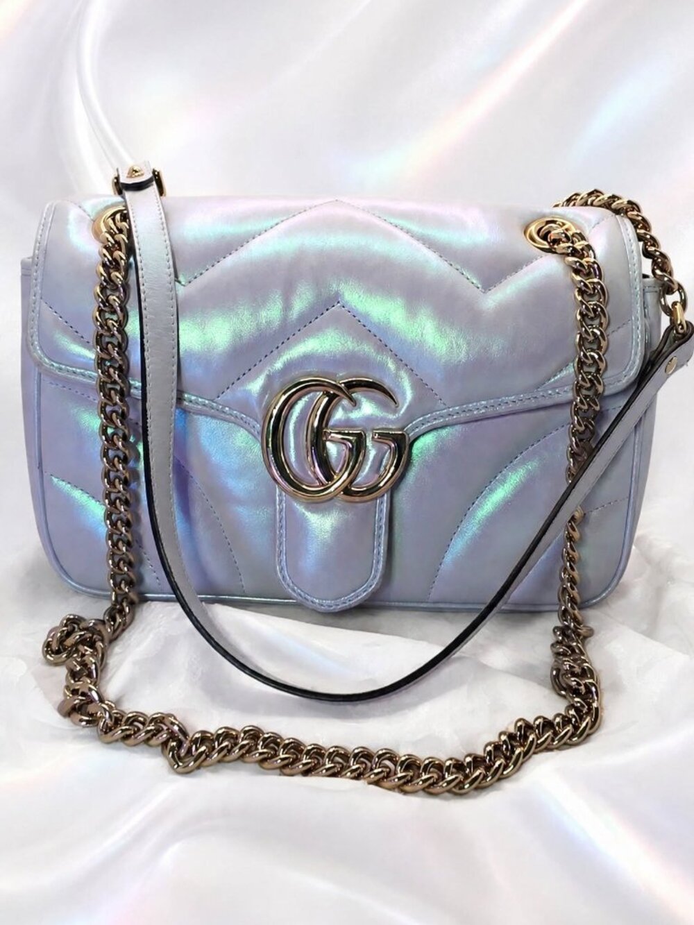 Gucci GG Marmont Small Matelasse Iridescent Metallic White Pearl Crossbody Bag